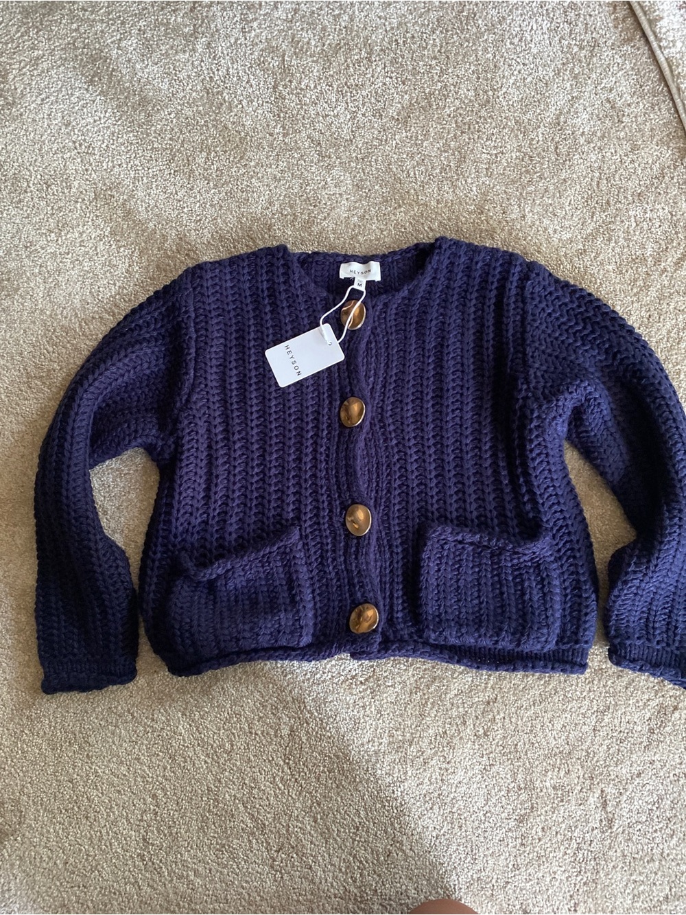 Heyson Womens Ribbed Chunky Knit Cardigan Sweater M Navy Blue NWT